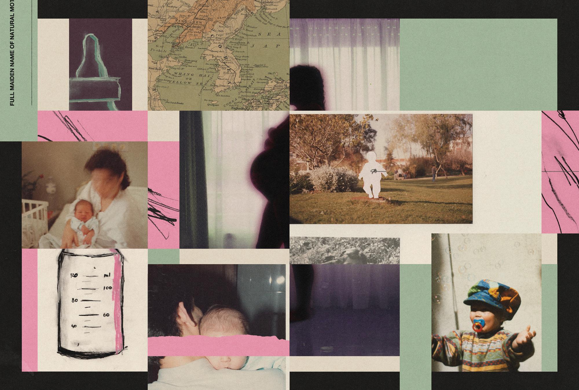 Illustration by Ricardo Santos A collage of illustrations and photos. Among them include a mother with her face blurred out as she holds her child. Another picture shows a toddler covered in a white silhouette as they stand outside. There is art of a world map and baby bottle as well.