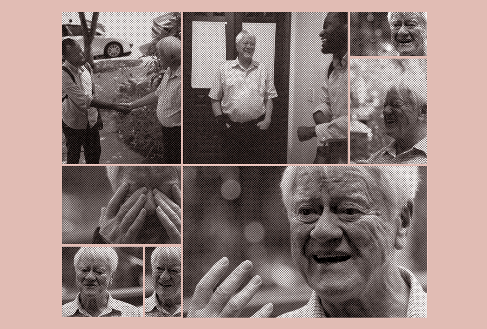 Black & white collage of Lakey against pink background