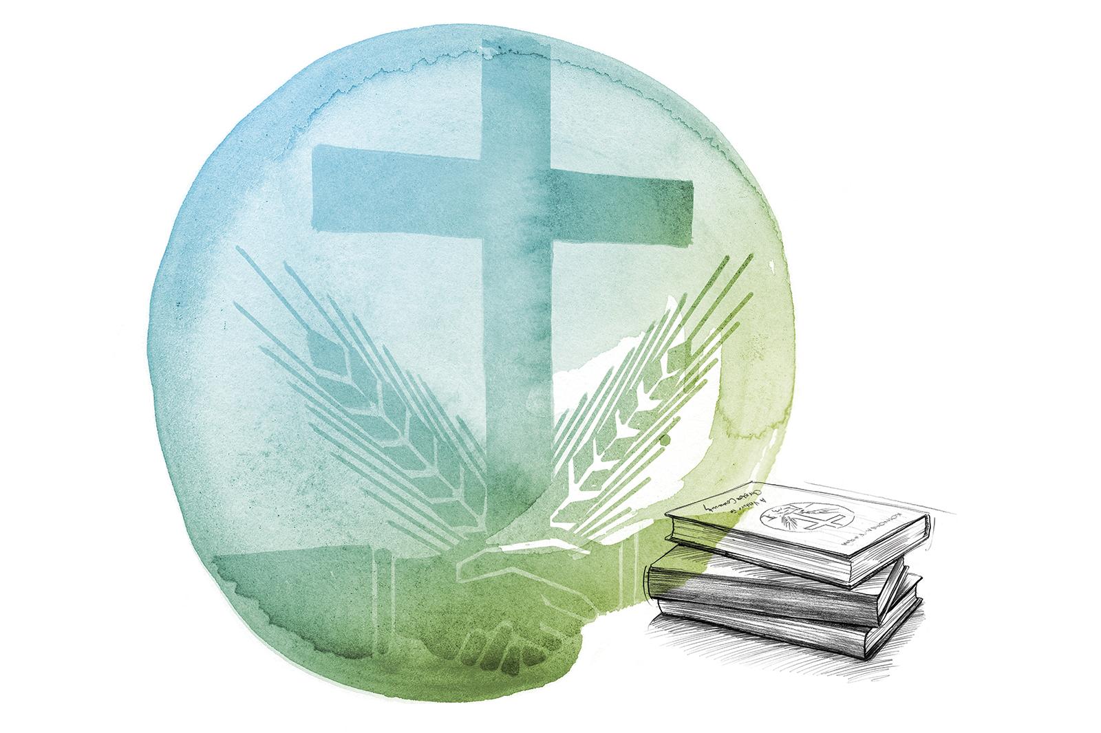 A watercolor drawing of the cross with two hands shaking. Wheat is in the background, and a pile of books is to the right.