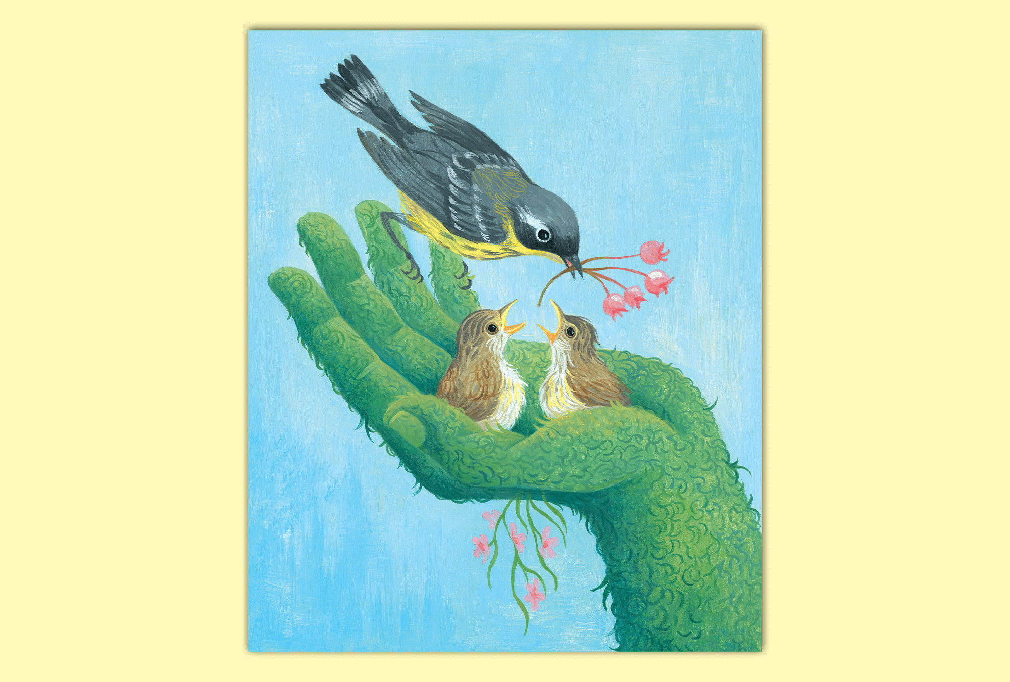 Illustration of birds feeding its babies out of a green hand.