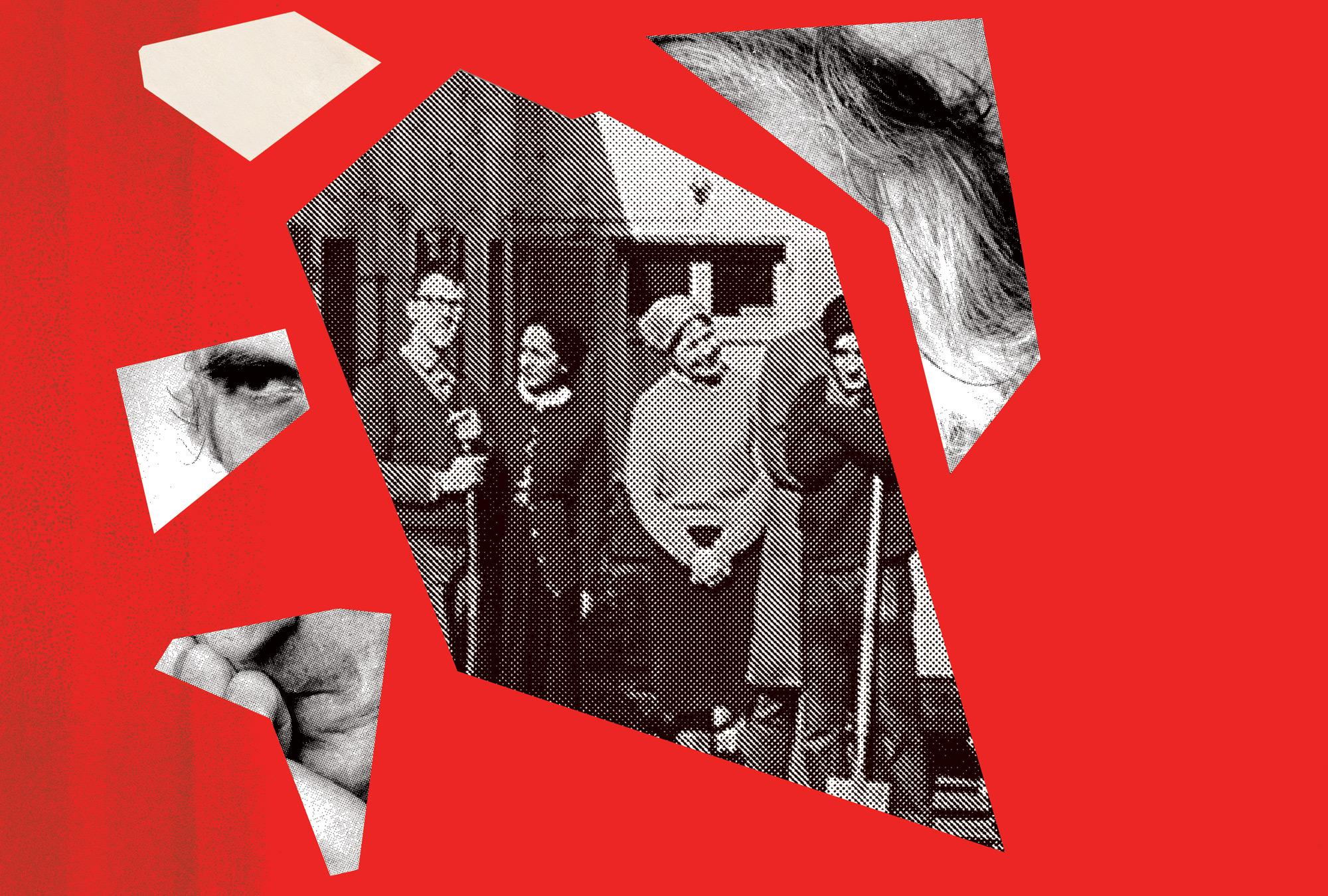 A headshot of Jean Vanier atop a red background is split across an image with a photo of members of the L'Arche community in the center.