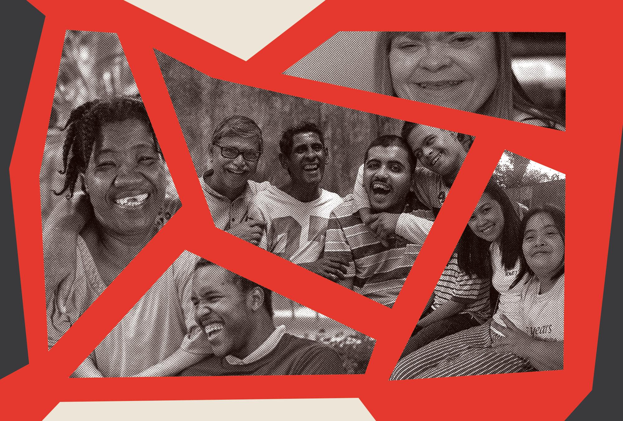 Various photos of L'Arche members are shown smiling and embracing each other, separated by thick, jagged red lines.