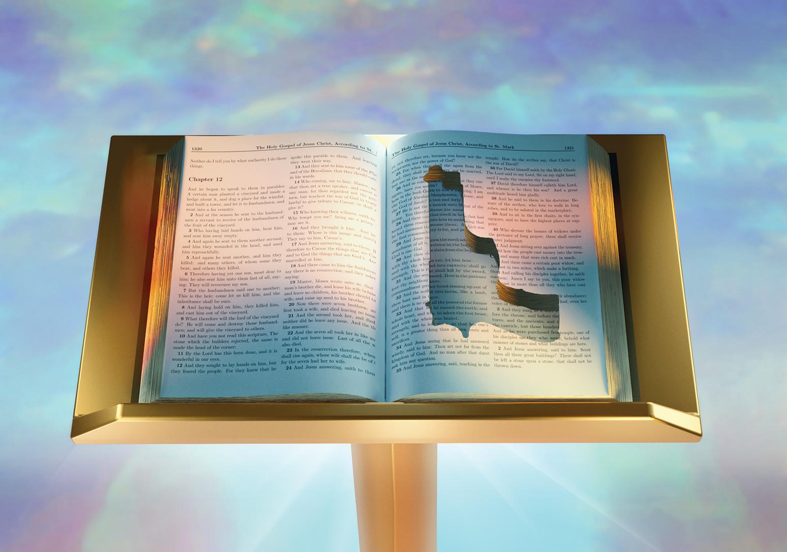 A Bible is shown opened up with a hollow space one one page in the shape of a pistol on top of a gold pulpit.