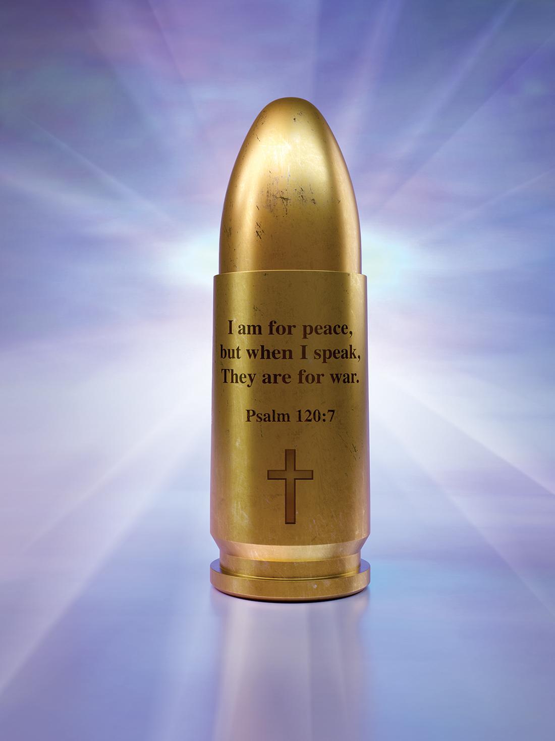 A bullet casing has Psalm 120:7 inscribed in the metal with a cross below the text.