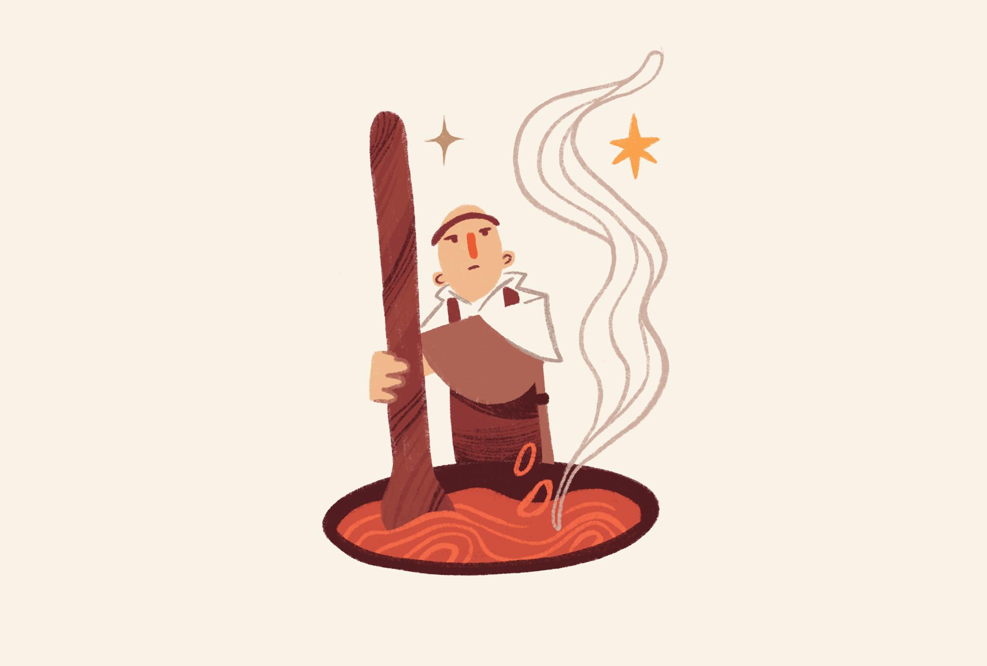 A cartoon illustration of Brother Lawrence: a mostly bald man wearing a brown apron. He is stirring a pot of steaming red soup with a ladle.