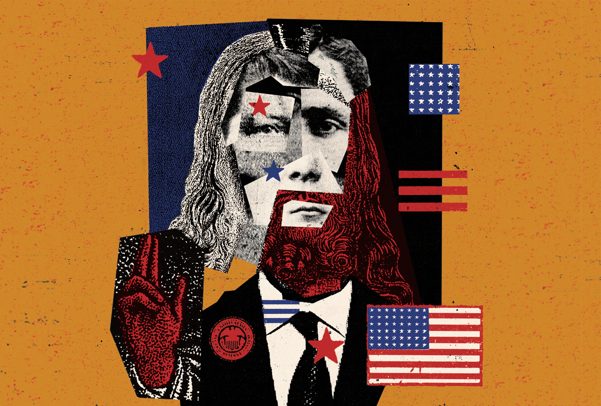 The illustration is a collage of Jesus images combined with politicians and American political symbols 
