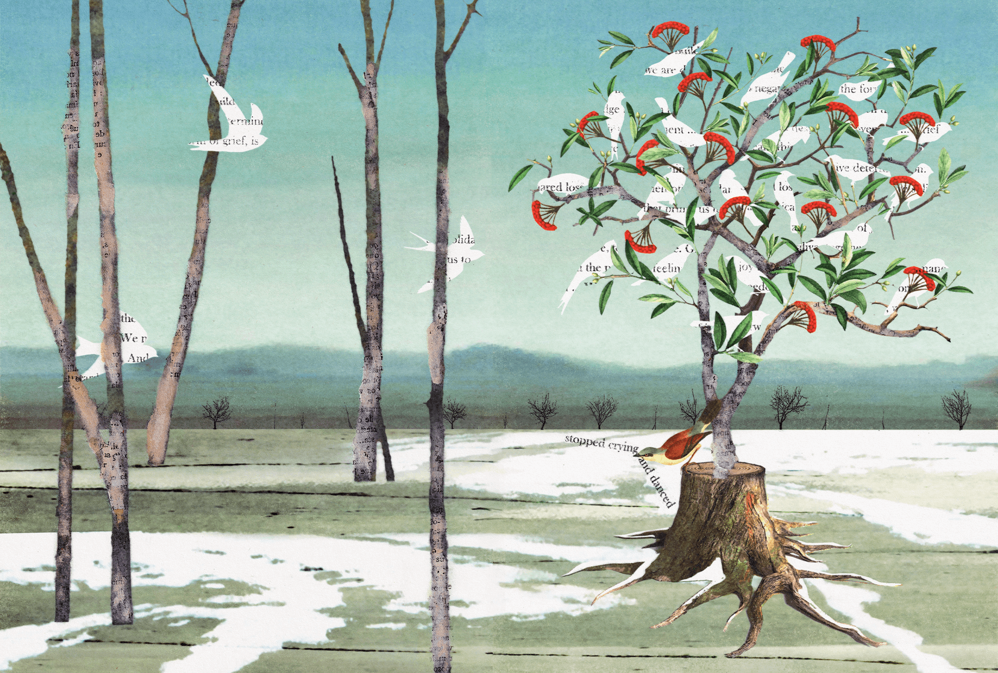 Illustration of winter forest with cut-outs of white birds.