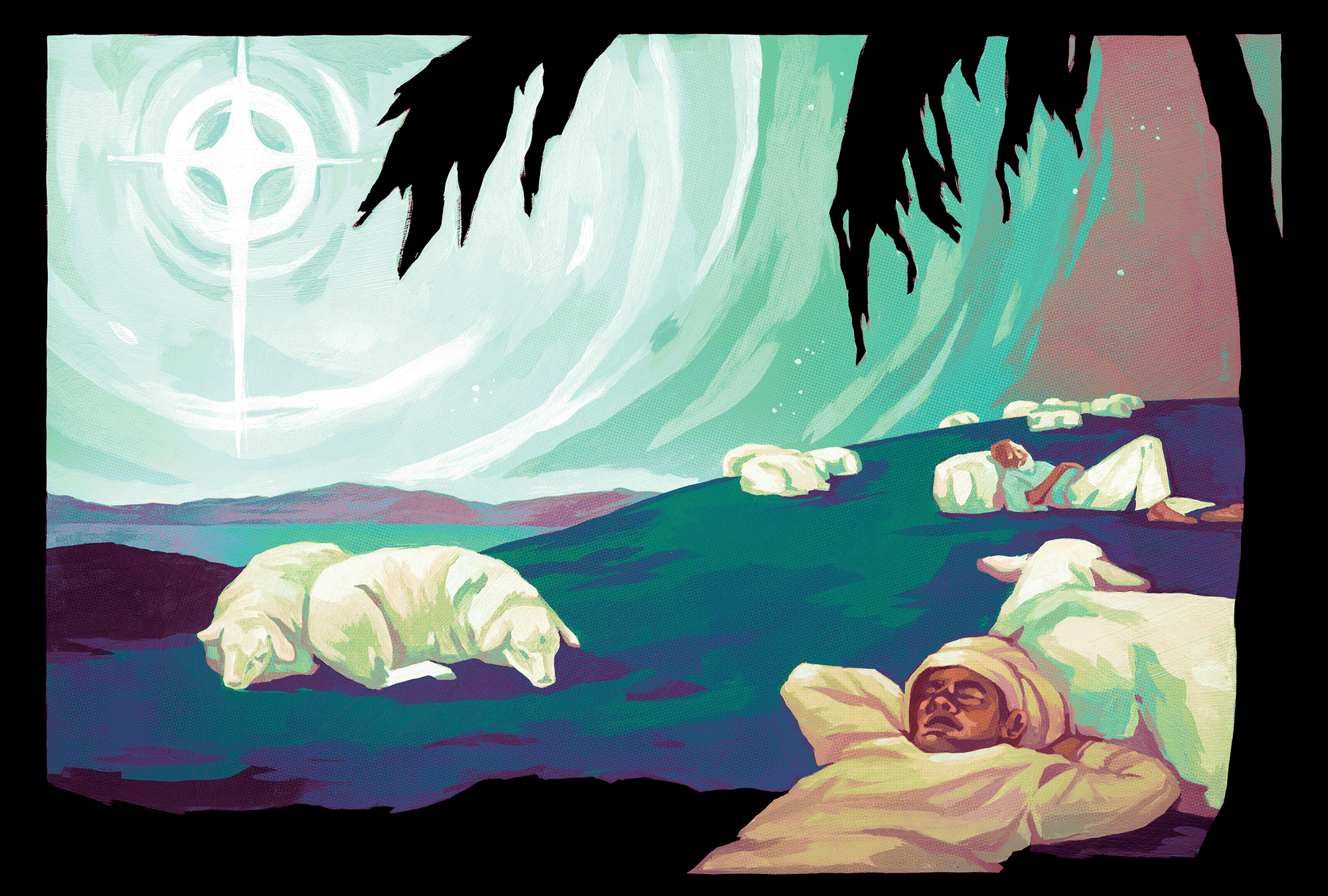 The illustration shows a shepherd sleeping with his sheep with the star of Bethlehem in the sky.