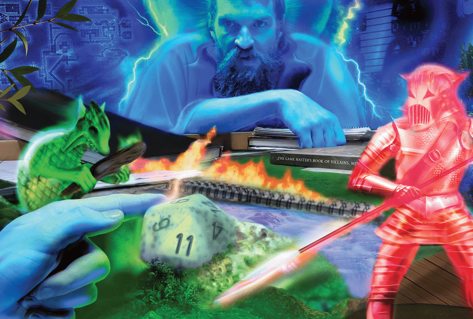 The image shows a man, semi-animated, playing dungeons and dragons. 
