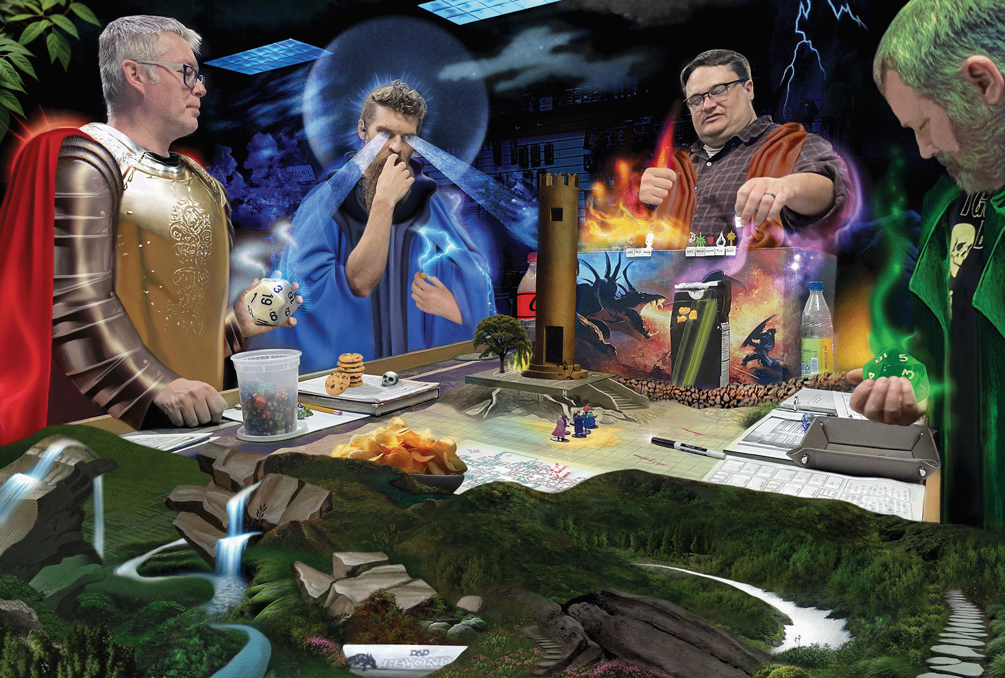 The image shows a group of people playing a game of dungeons and dragons, and half of the image is animated to show an alternative world.