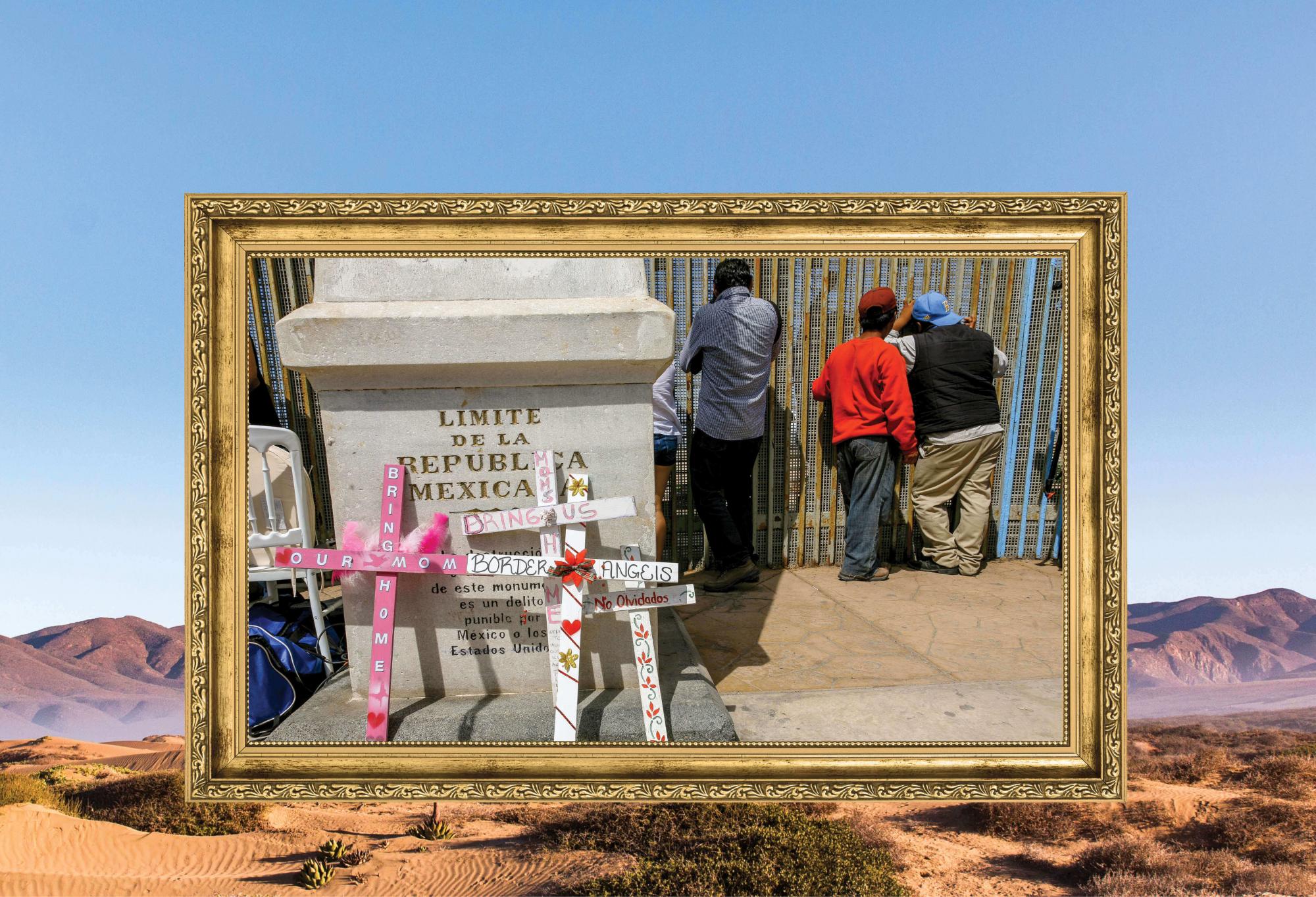 Handmade crosses asking to bring home missing parents or referencing "border angels;" people looking through a fence.