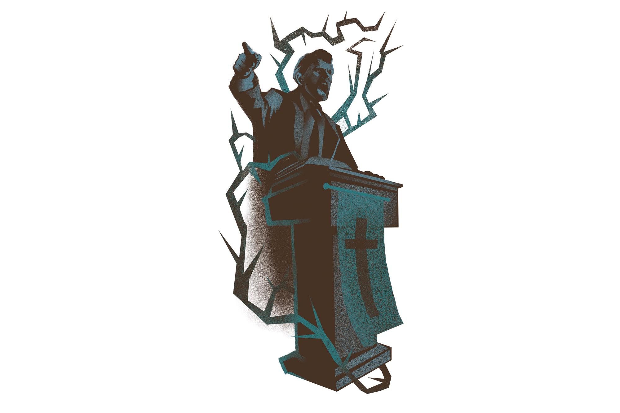 An illustration of a pastor in black and gray colors surrounded by thorns as he yells angrily from a blue podium that has a piece of cloth hanging from the front depicting a cross.