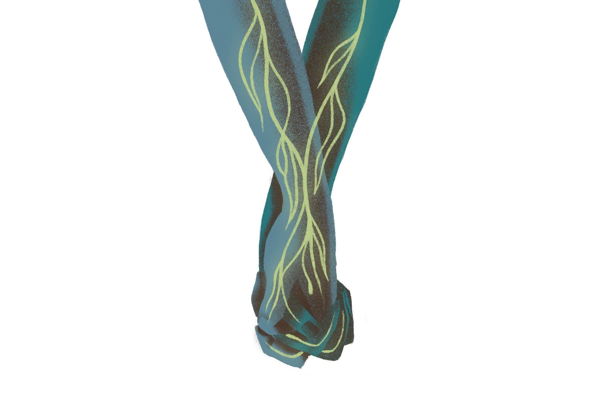 An illustration of two blue forearms with hands shown holding each other tenderly and tightly. An abstract rendering of nerves in a yellow-green color is shown glowing through the skin.