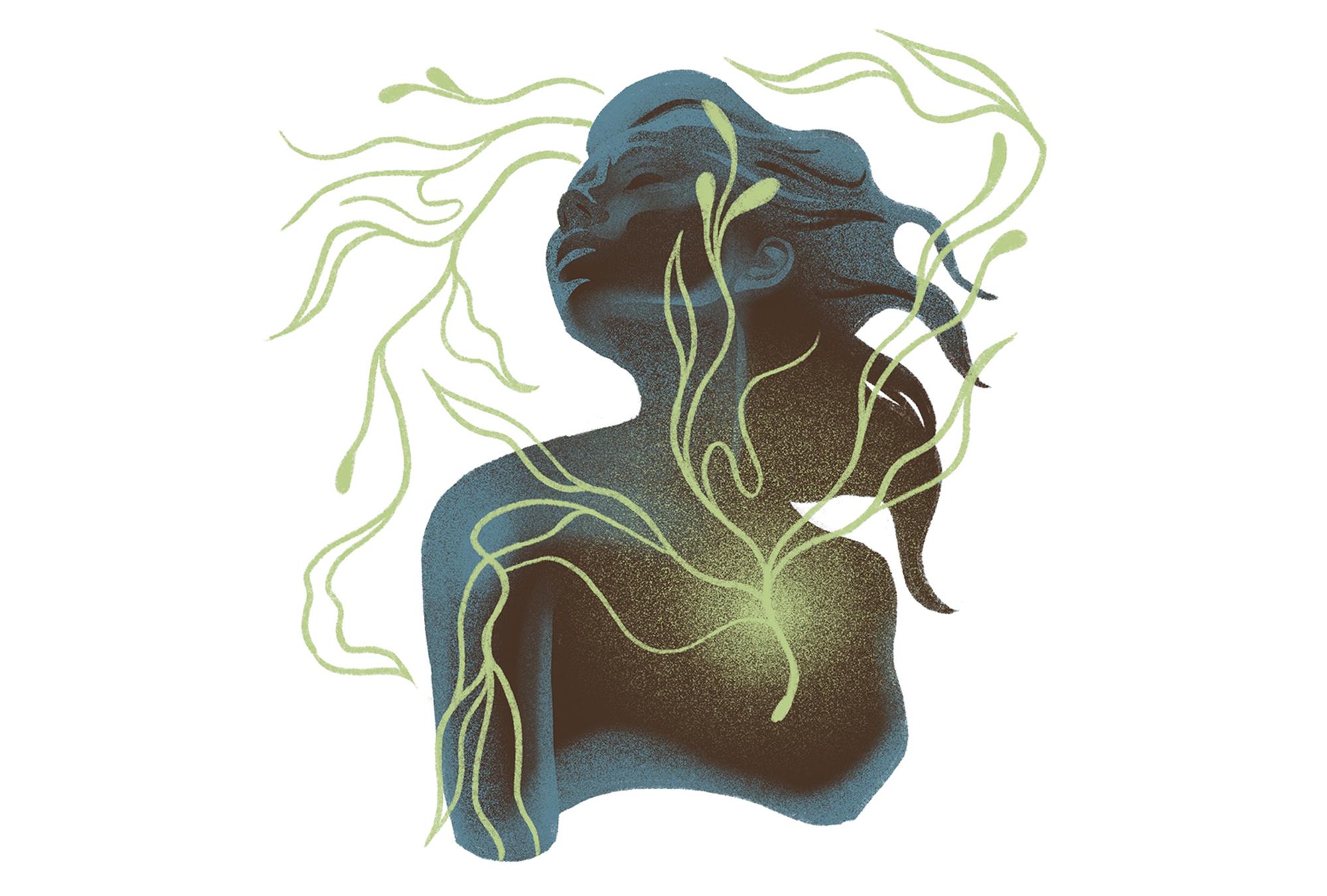 A waist-up illustration of a woman shrouded in blue and black. She looks to the side and above while closing her eyes. An abstract representation of her nervous system glows a yellow-green through her skin but extends beyond her body to surround her head.