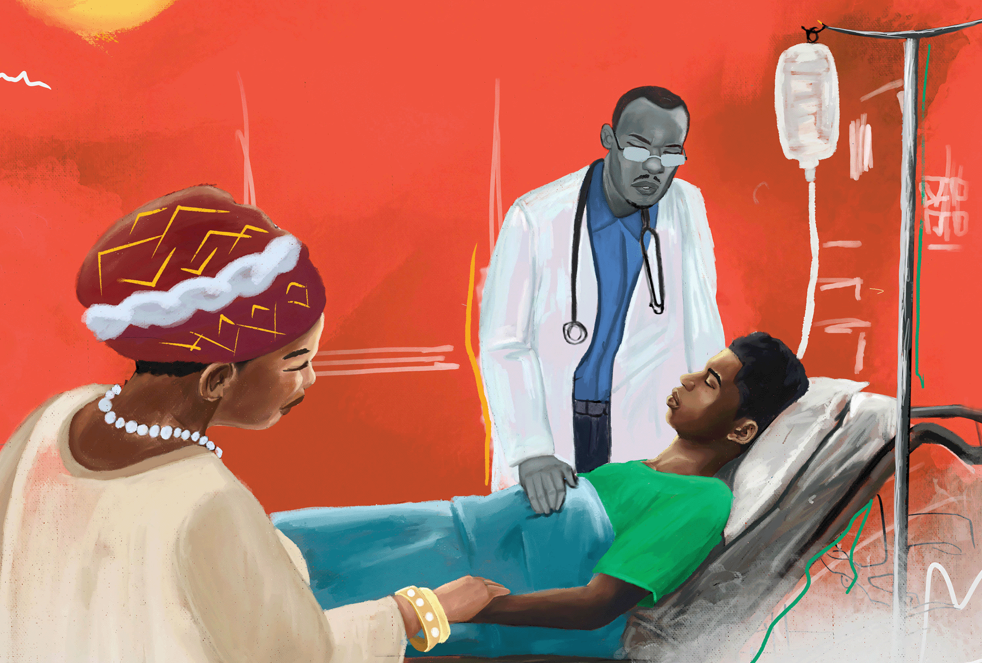 The illustration is of a dying Black man in a hospital with a doctor at his side. The man is also holding the hand of a woman.