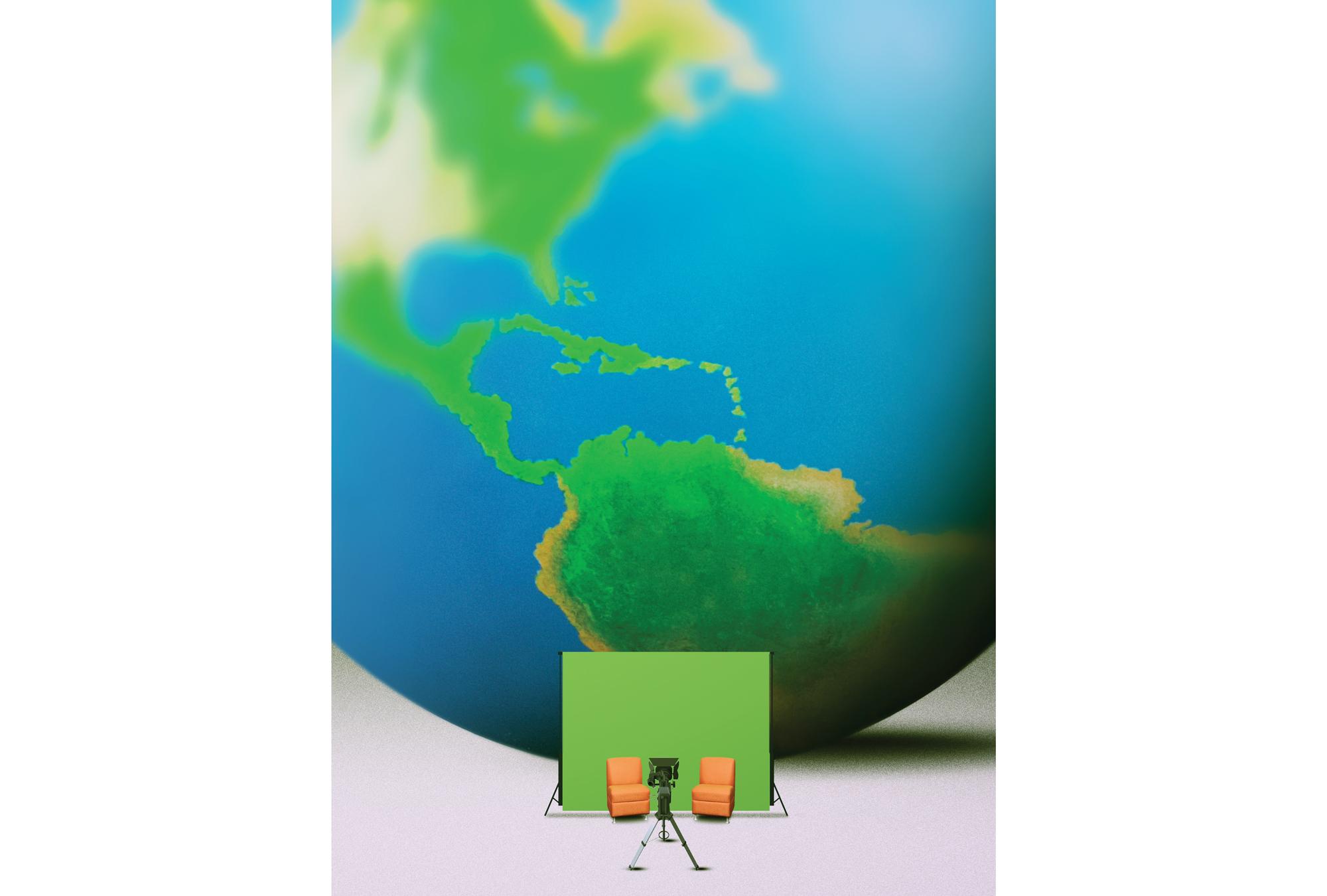 An illustration of a green screen, two orange chairs, and camera set up in front of a looming, massive globe of Earth.