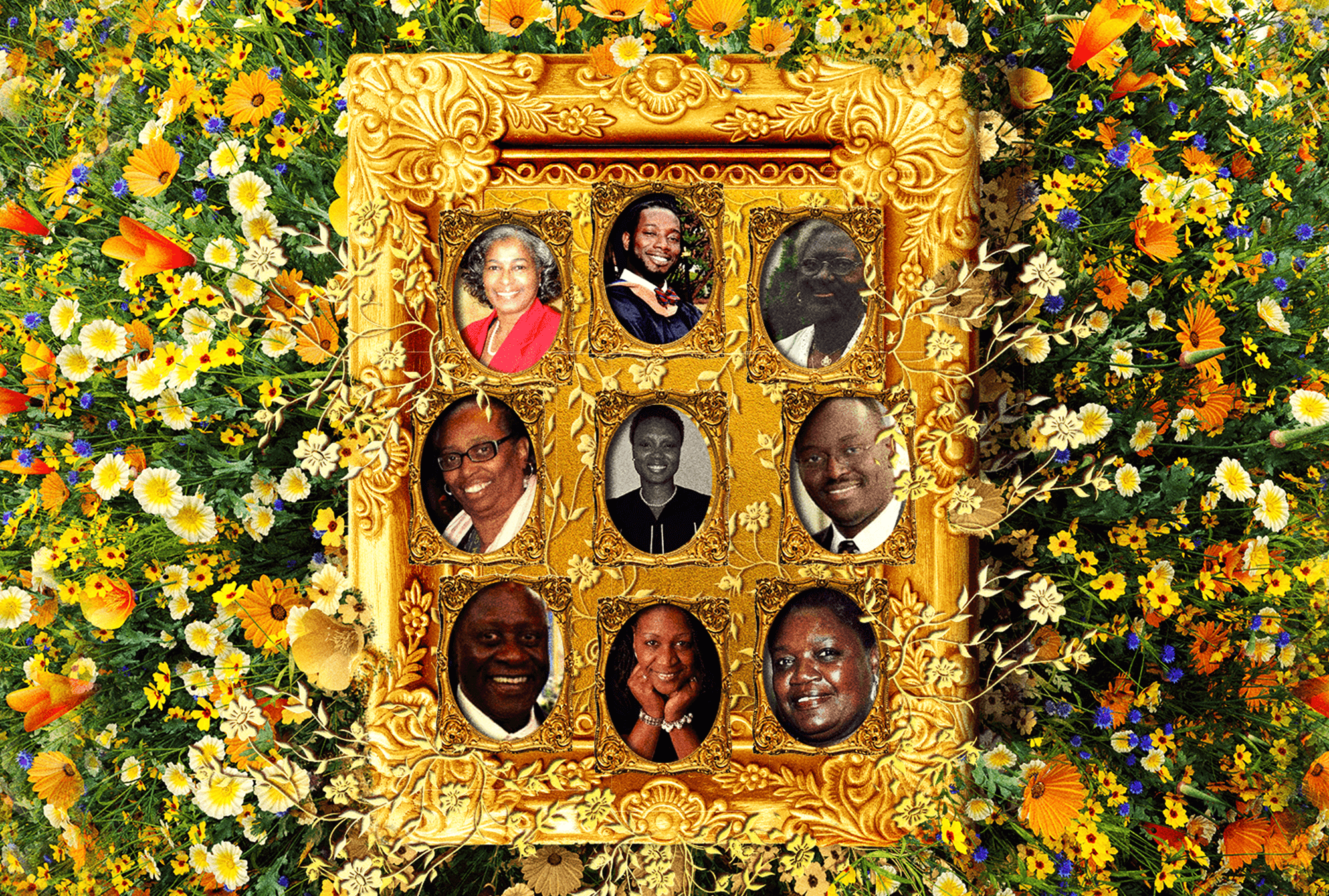 The Emanuel Nine An illustration of a gold picture frame laying atop a field of flowers. The frame contains individual photos of the Mother Emanuel Nine.