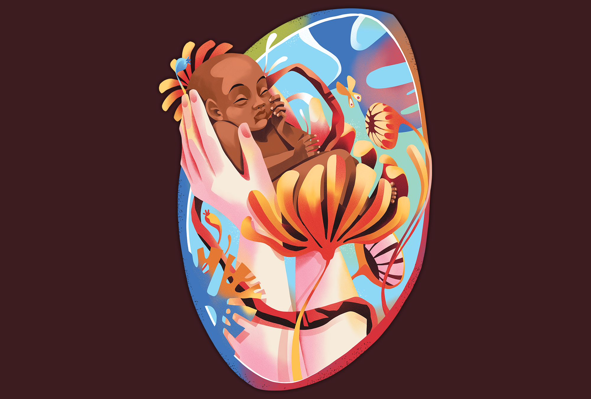 Illustration of a woman holding a baby in her hands with flowers growing around.