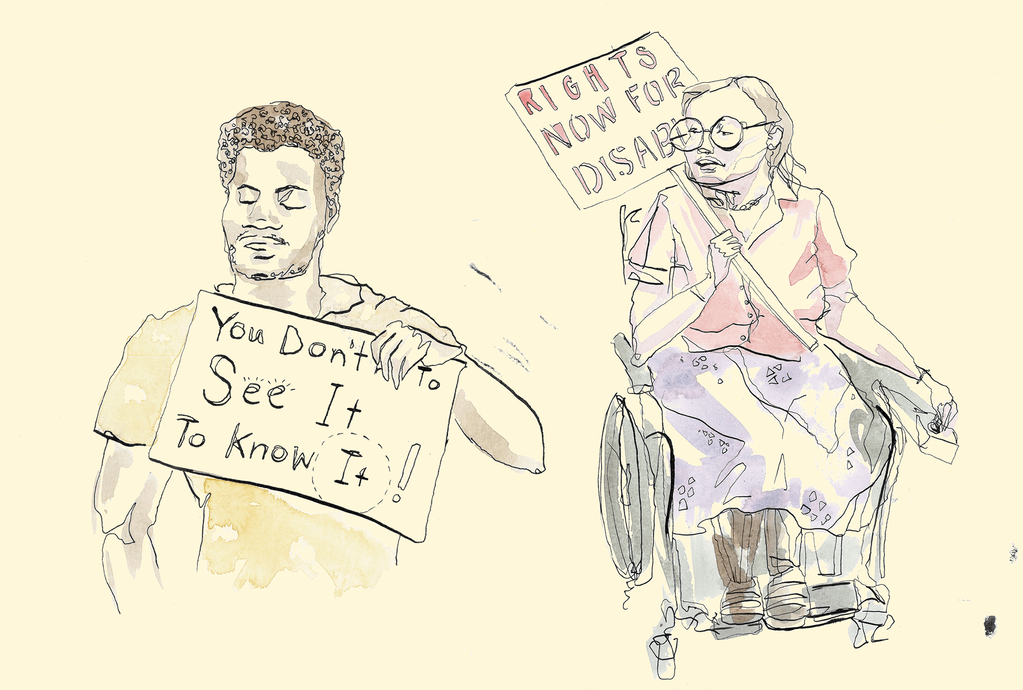 Illustrations of Dennis Billups and Judy Heumann with signs, "You don't have to see it to know it!" and "Rights now for disabled."
