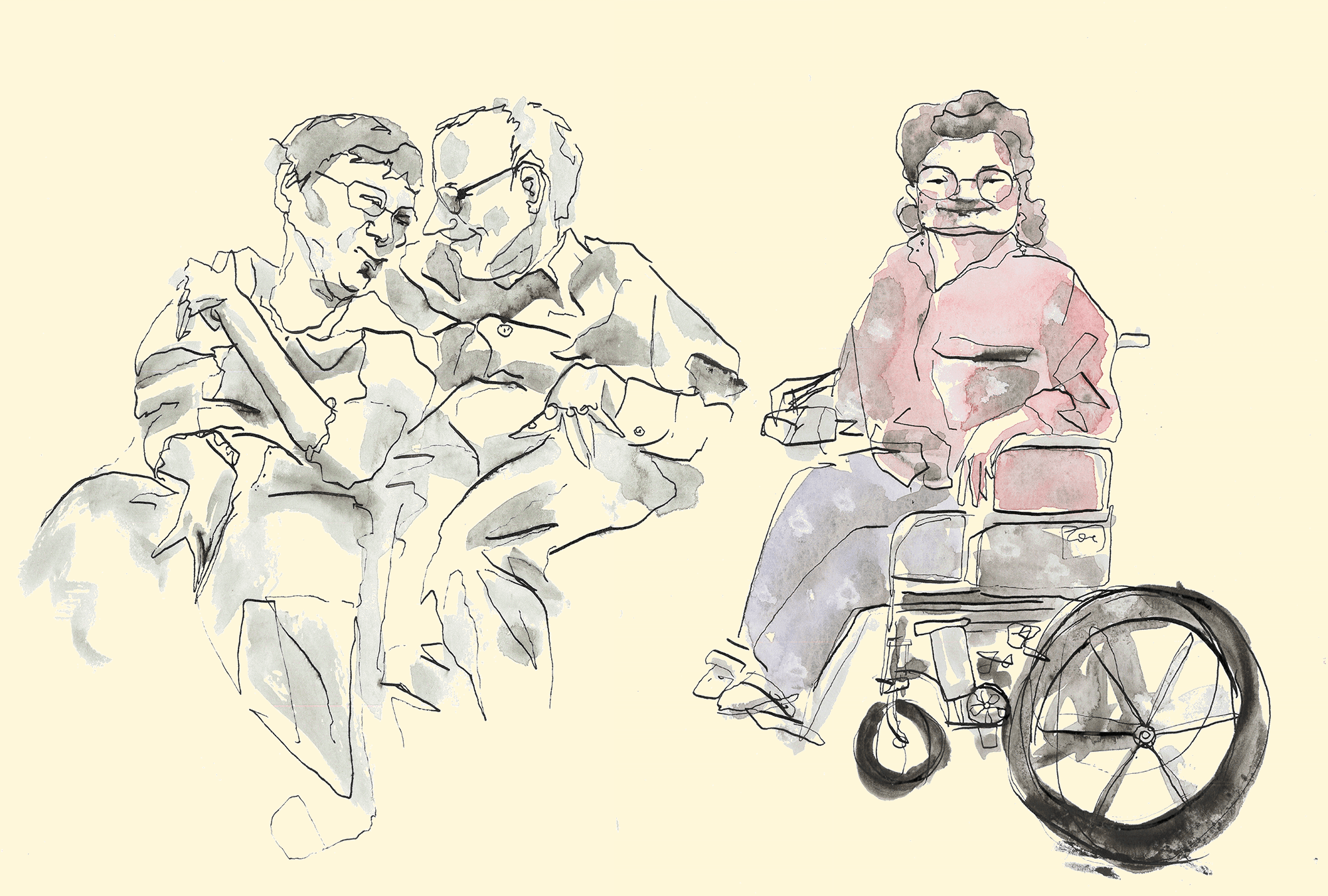 Illustrations of Neil Jacobson with his arm around Denise Jacobson and of Mary Lou Breslin