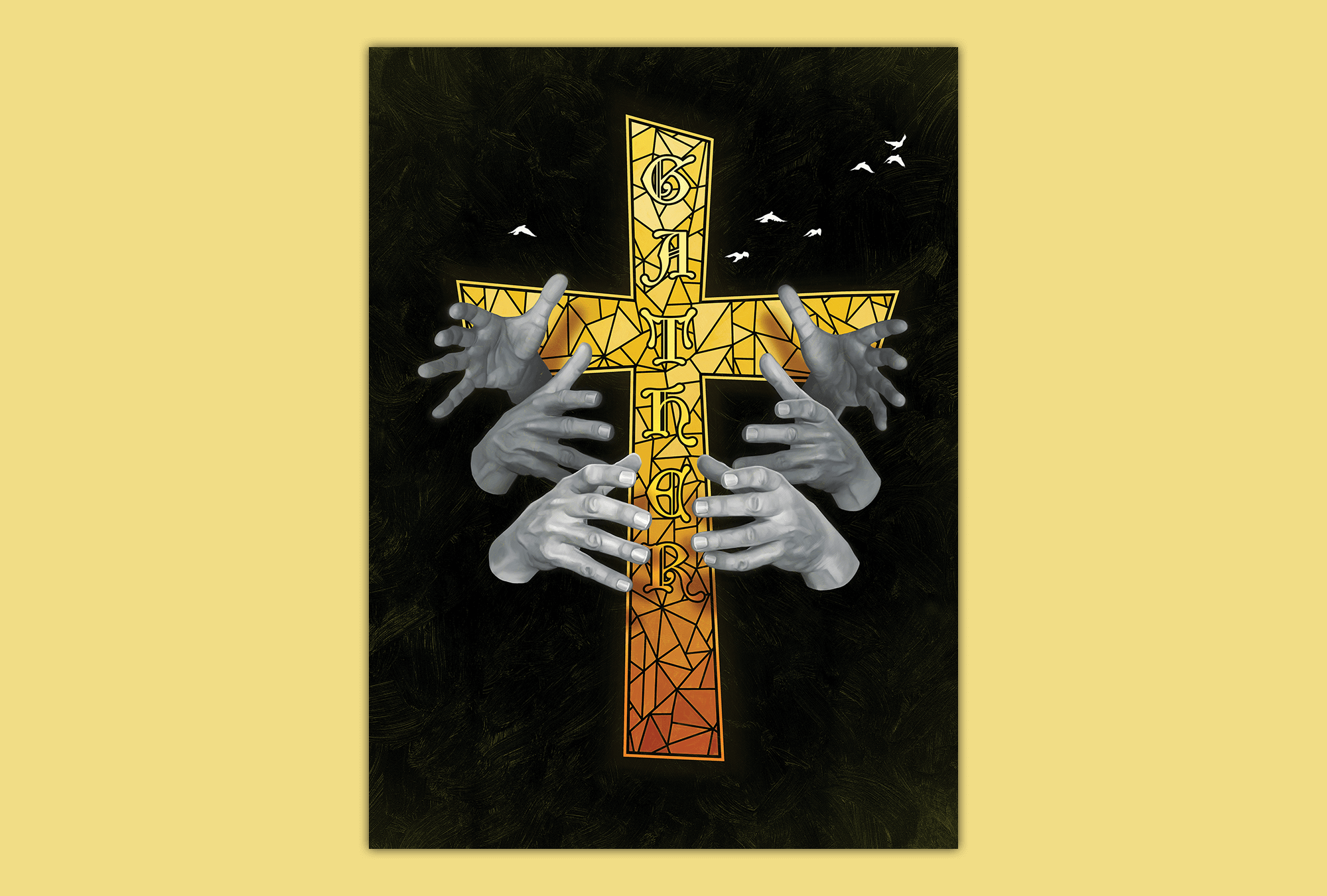 Black and white hands grabbing a golden cross