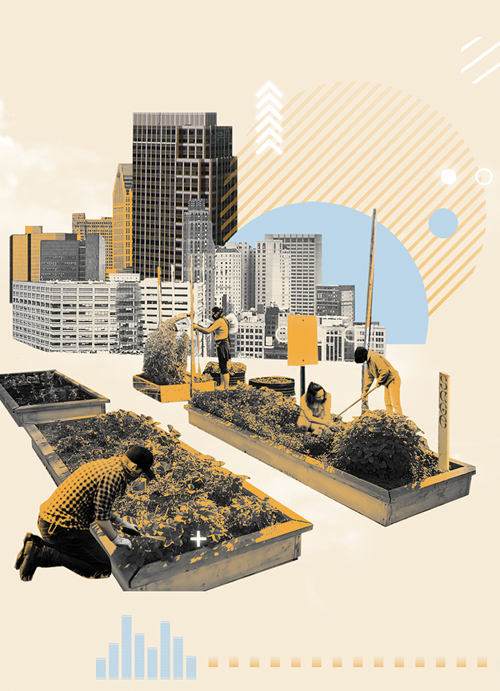 Graphic collage on a tan background with geometric overlays. In the foreground, several people work on gardening beds, with a cityscape rising behind them in the background