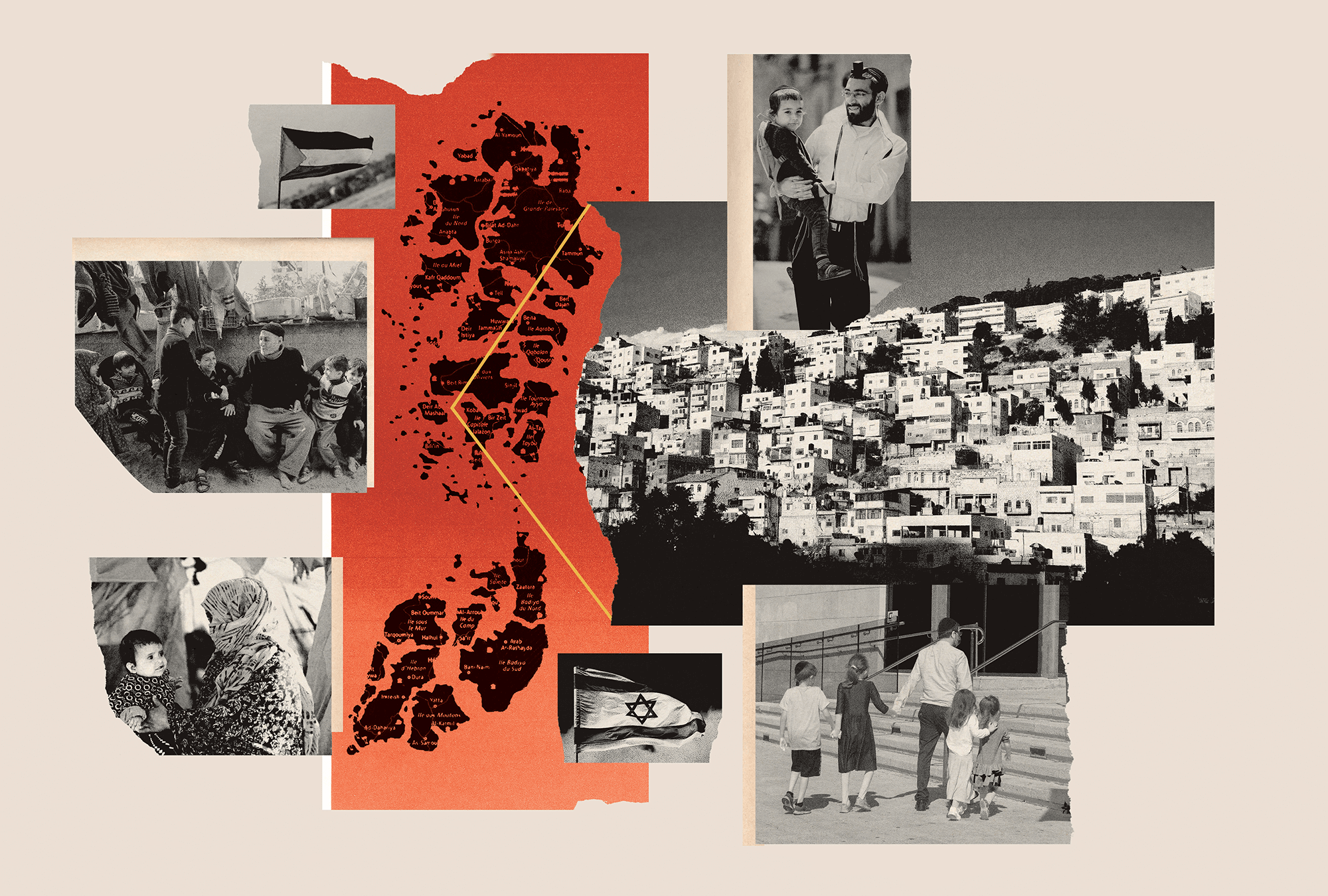 Illustrations by Mark Harris A collage of black and white photos of Palestine and Israel, featuring buildings, families, children, and flags of both places.