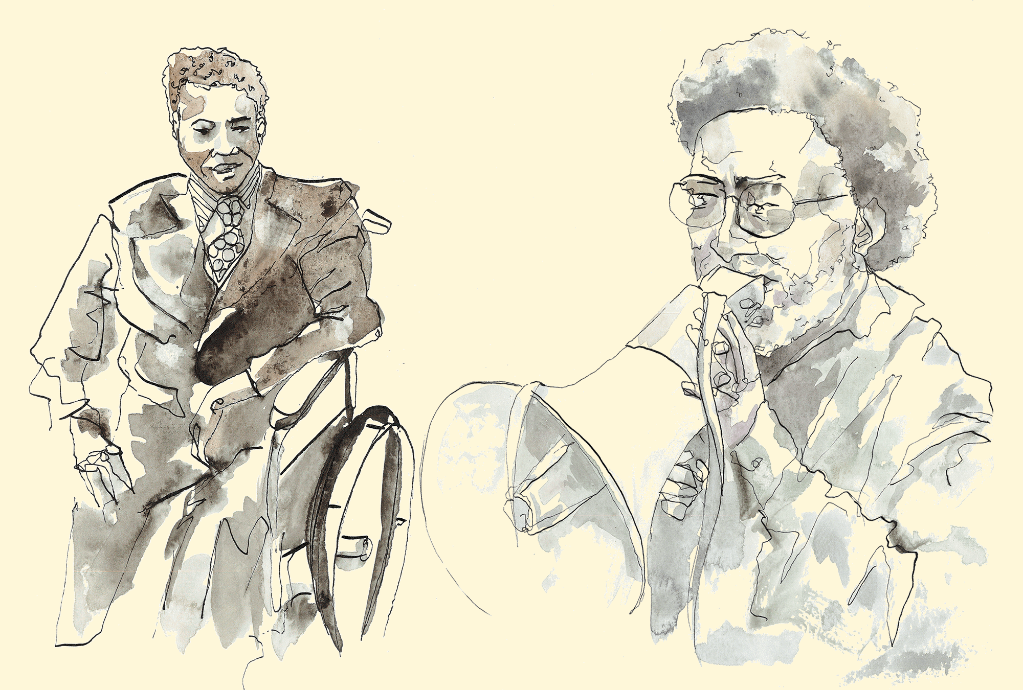 Illustration of Brad Lomax wearing a suit and Cecil Williams holding a megaphone