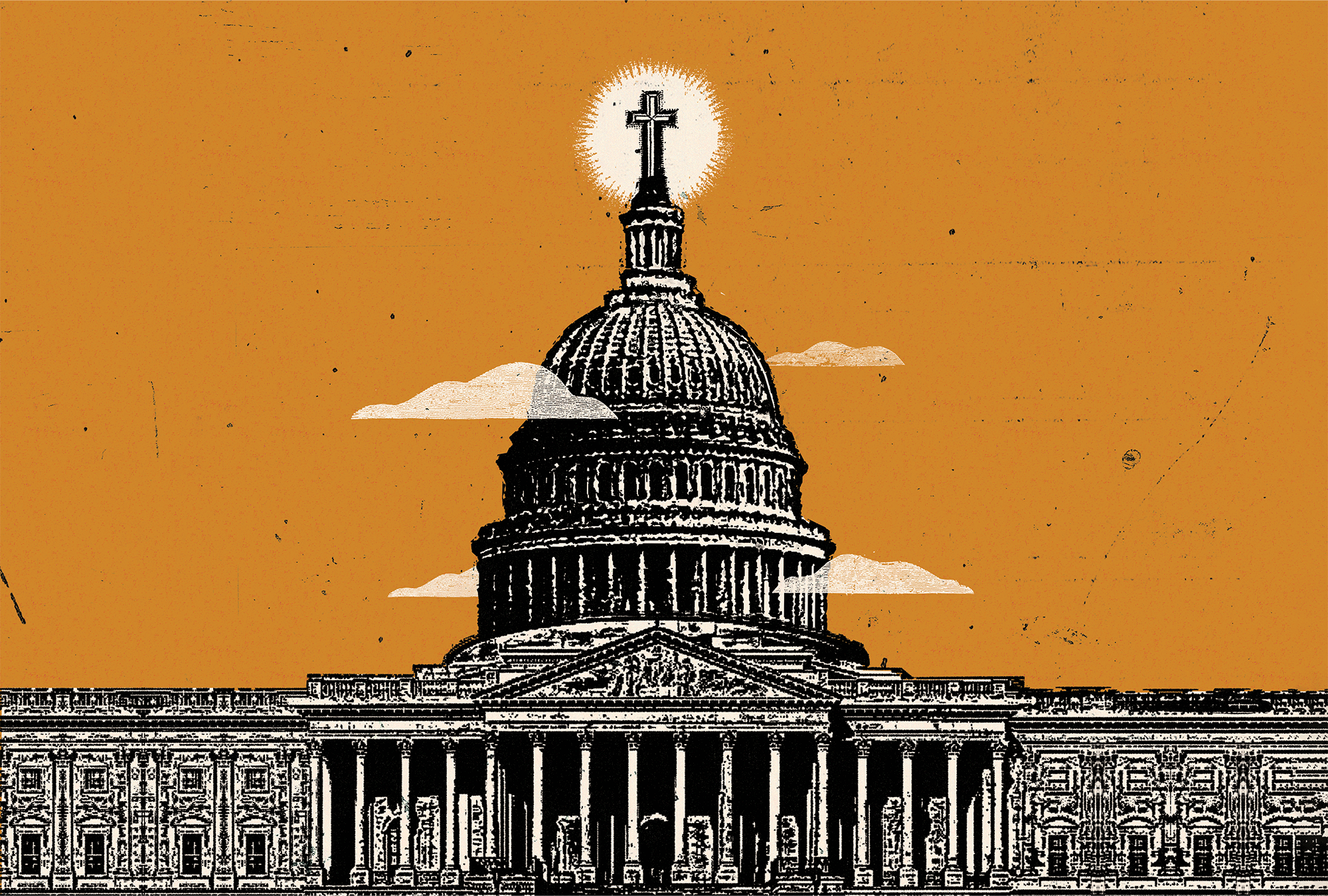 The image is an illustration of the U.S. Captiol building with a cross on top, on an orange background.