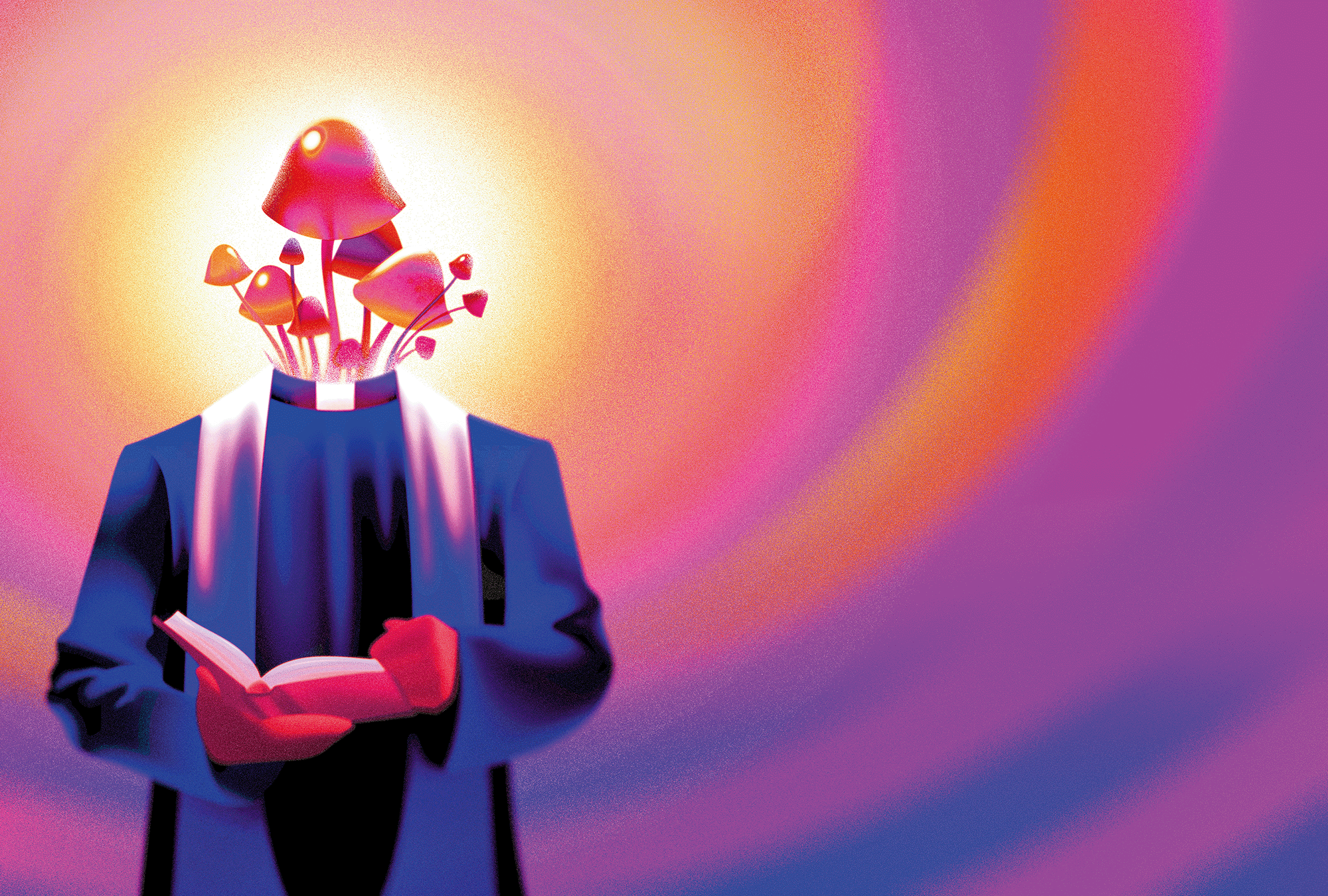 The illustration shows a priest holding a Bible, but instead of a head, he has mushrooms growing out of his head. He is on a purple, pink, yellow and orange swirly background. 