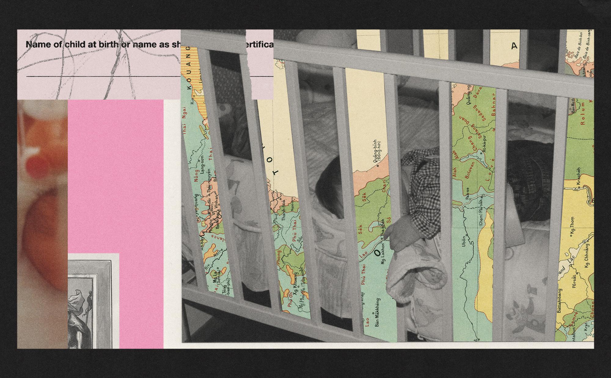A collage of illustrations and photos. A child is lying in a crib, with strips of a global map superimposed over the guardrails. A close-up of a baby's hand and birth certificate are shown to the left.