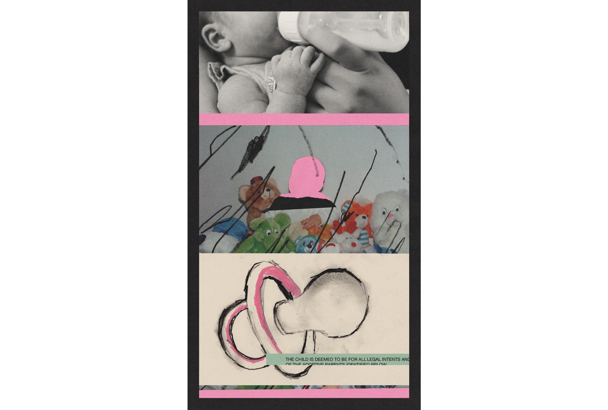 A vertical collage of illustrations and photos. The top photo shows a mother feeding breast milk in a bottle to a baby. The center photo shows a child covered by a pink silhouette sitting among stuffed animals. The bottom photo is a drawing of a pacifier.