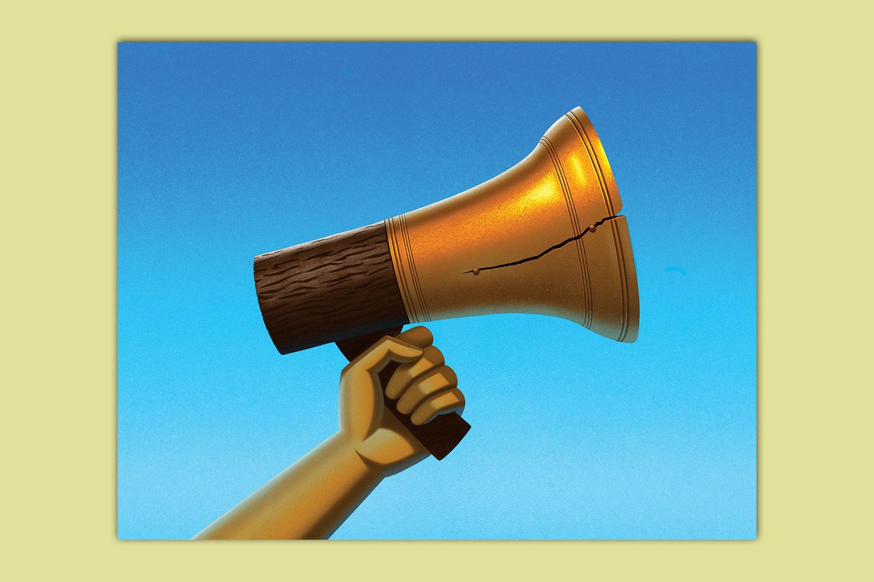 An arm holding up a golden-colored megaphone.