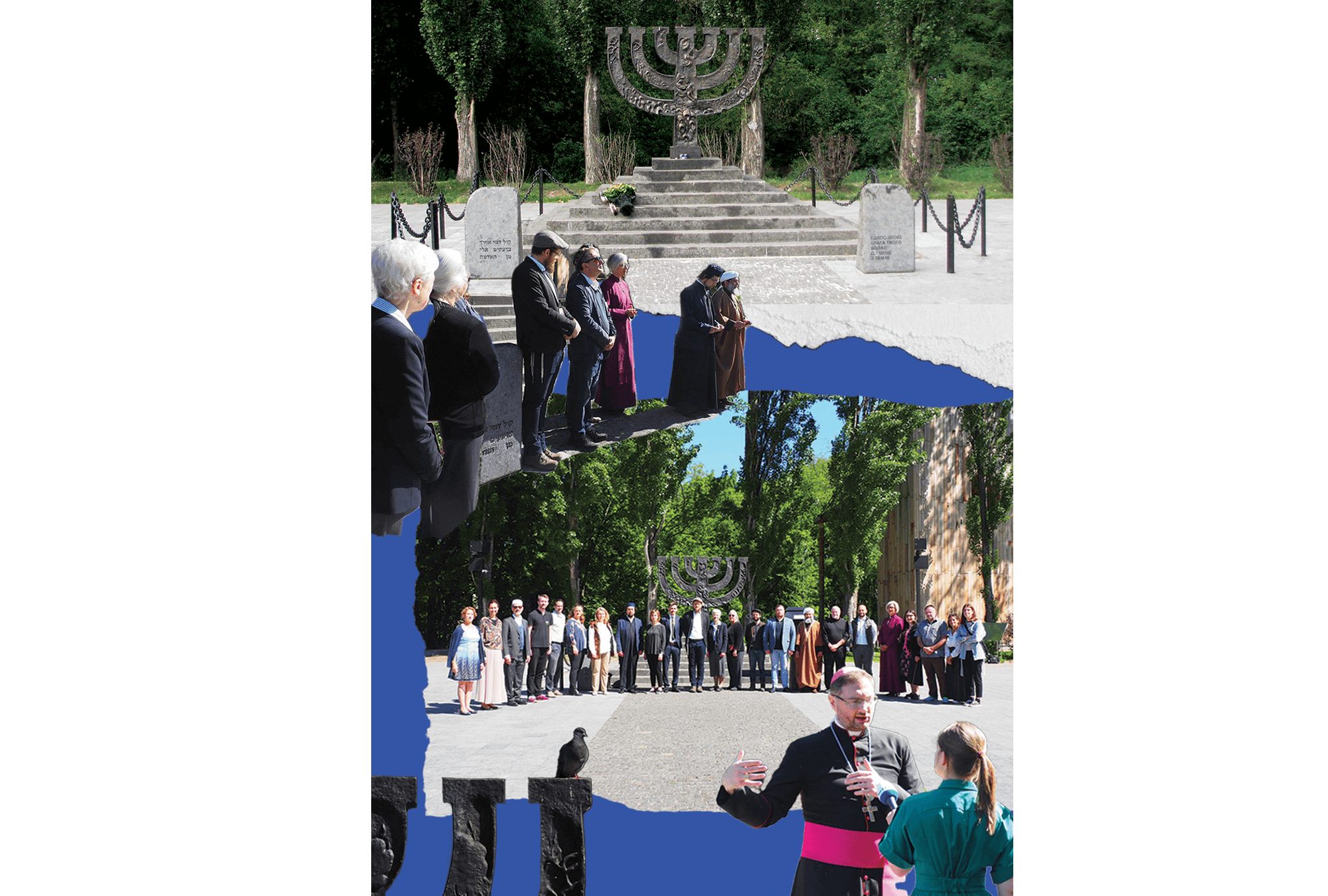 Photographs by Dawid Gospodarek / Photo collages by Candace Sanders The delegation gathers before a great bronze menorah.