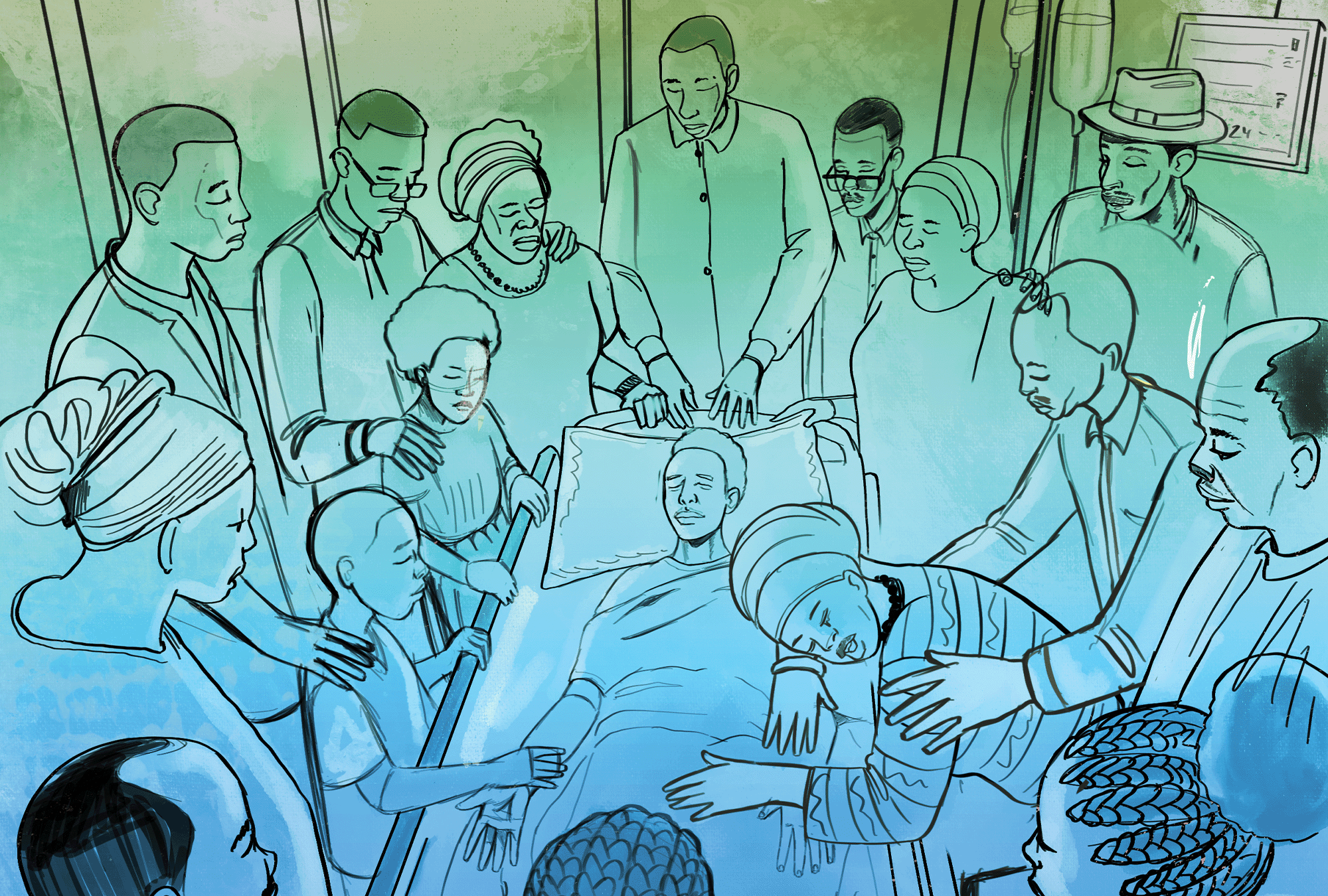 The illustration is a line drawing on a green and blue watercolor background of a dying man surrounded by family members and friends. 