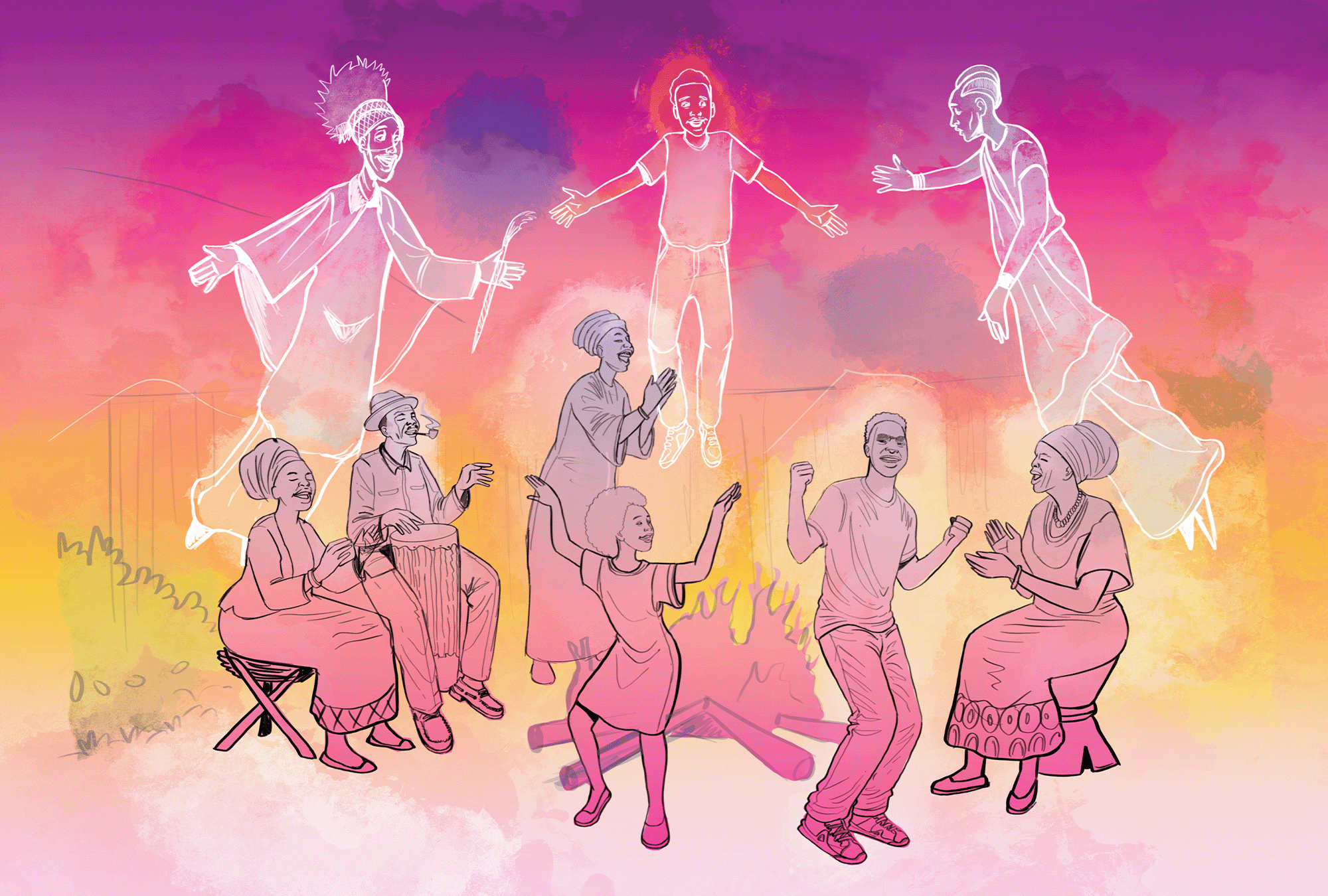 The image shows some people dancing around a fire with other figures rendered in white line drawings hovering above them, presumably spirits. It is on a pink and yellow watercolor background. 