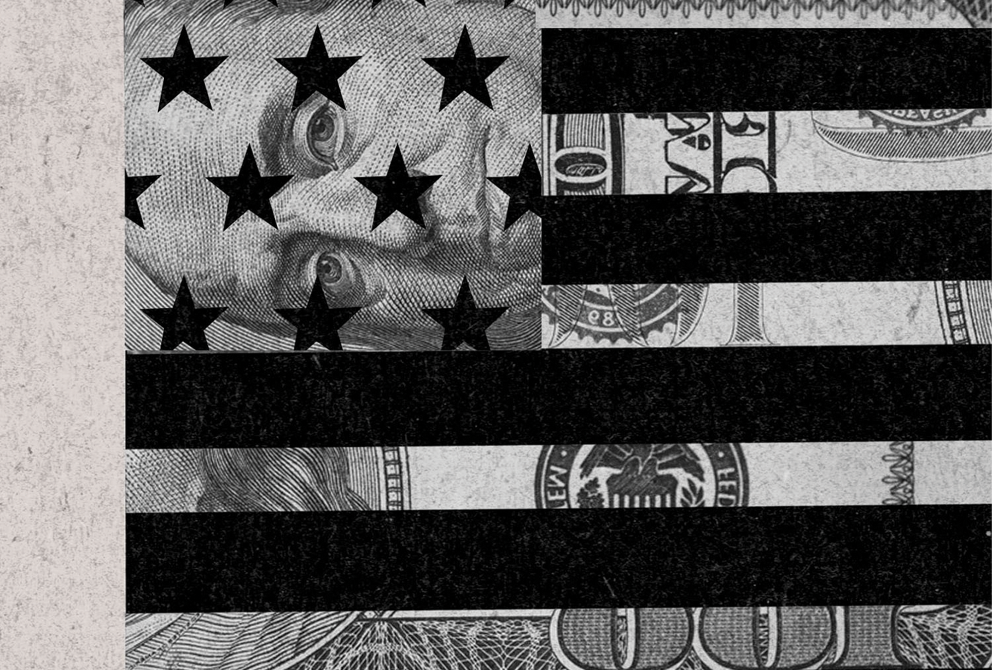 An illustration mashing up an image of the hundred-dollar bill with the American flag.