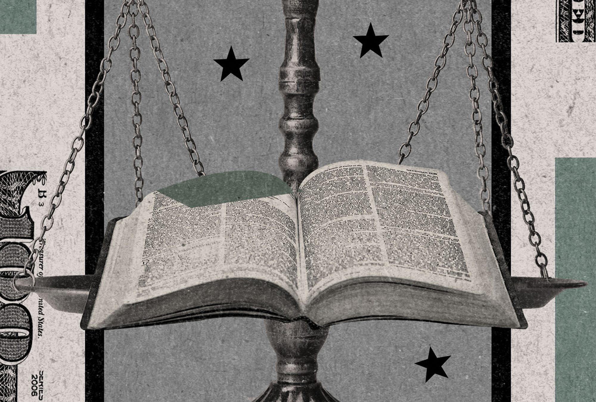 An image of the Bible being weighed on a scale.