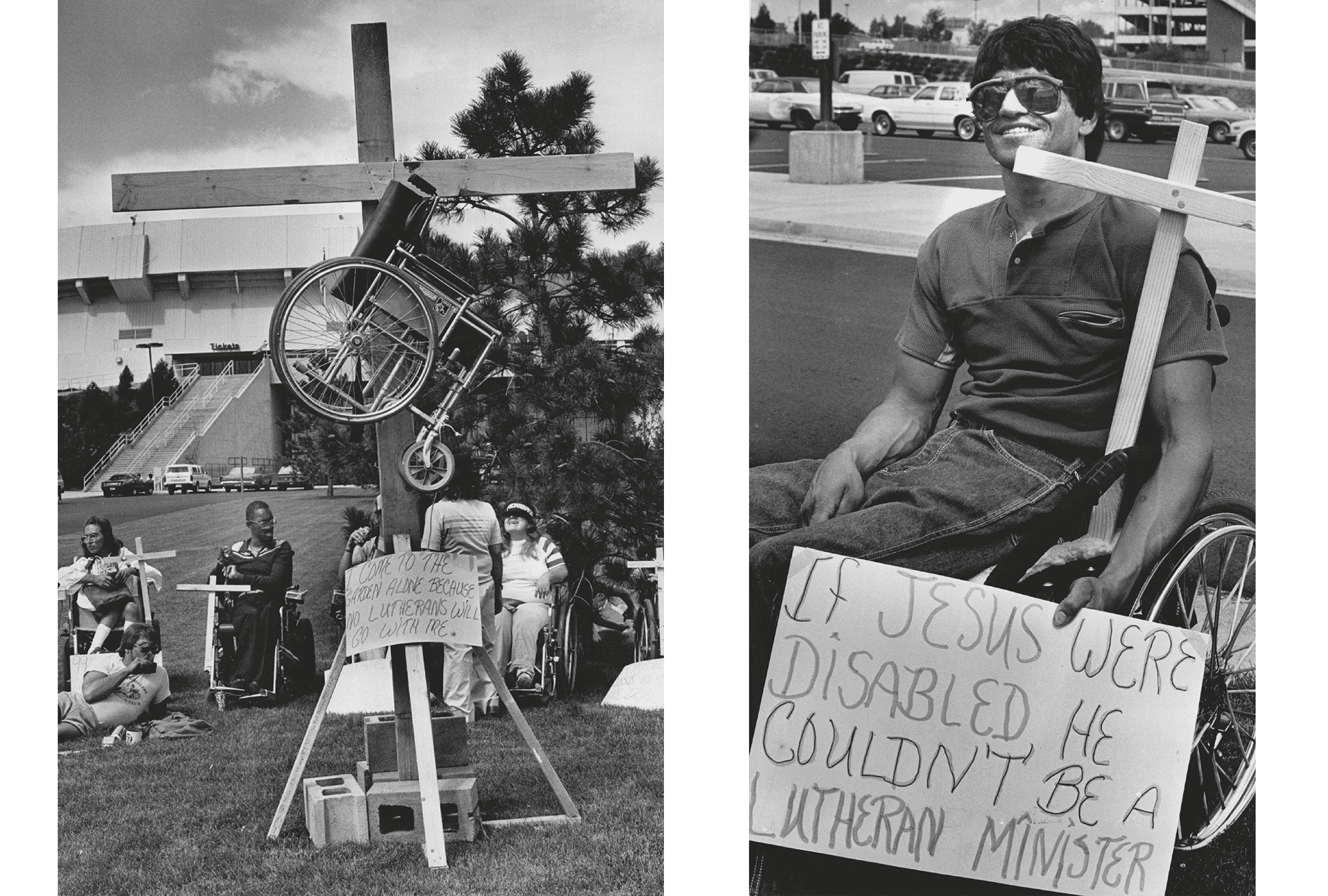 Black-and-white photos of a wheelchair hanging from a cross and a protester with sign "If Jesus were disabled, he couldn't be a Lutheran minister."