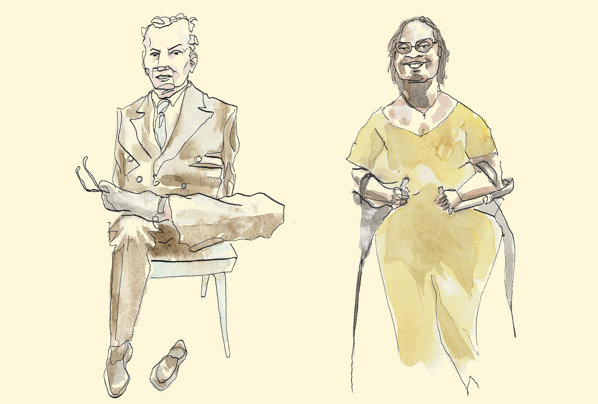 Illustration of Harold Wilke holding his glasses between his toes and of Letiah Fraser with an exuberant smile