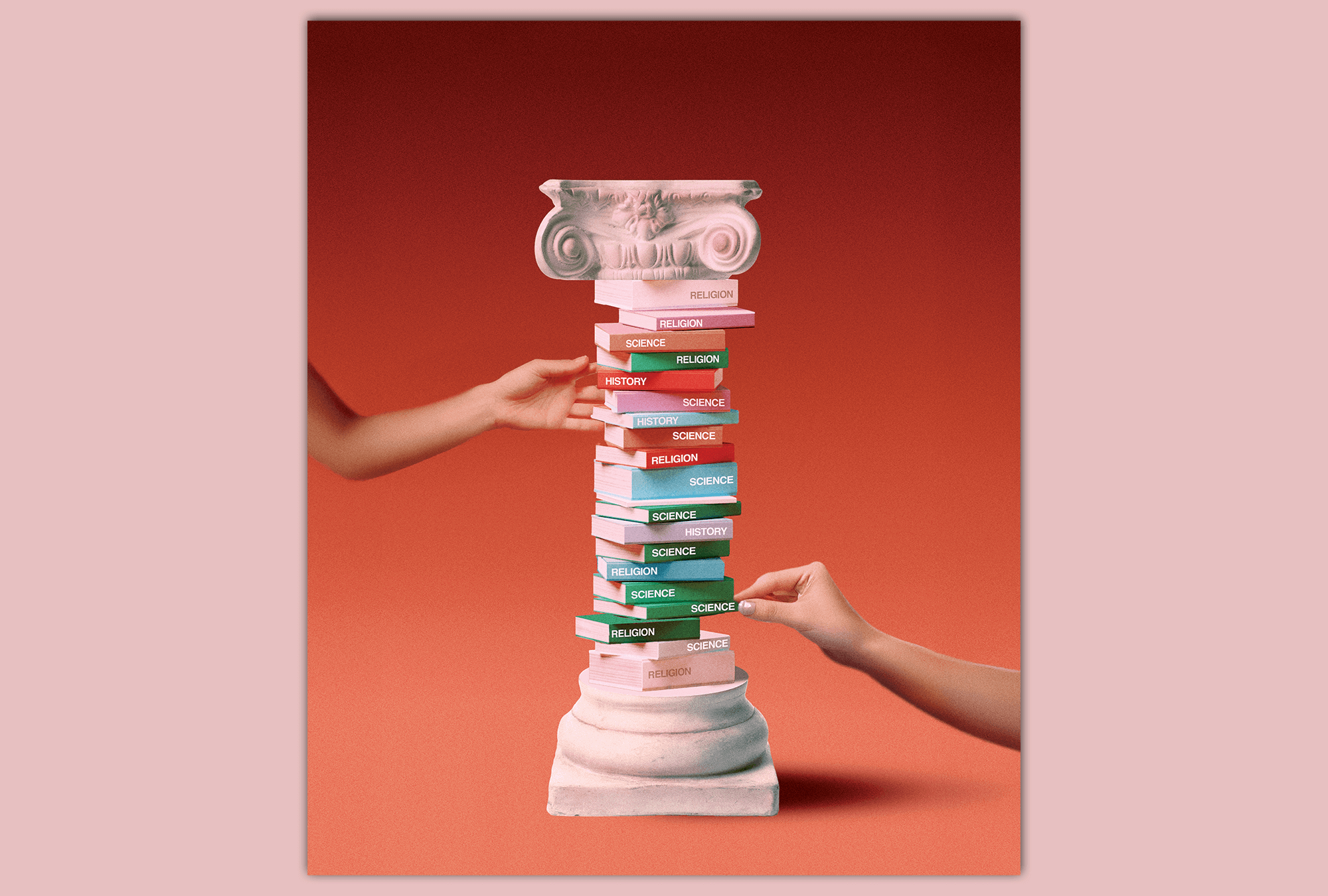 A stack of books -- religion, science, history, stacked on top of each other -- held together in a pillar.
