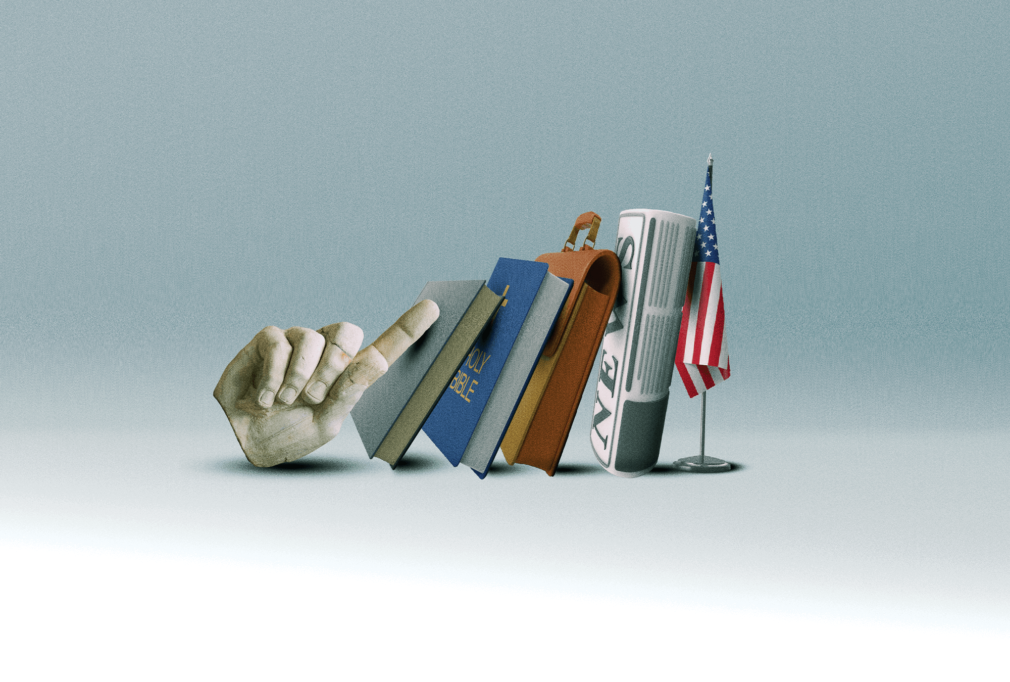 A book, a bible, a rolled-up newspaper, and a briefcase bookended by a hand with its index finger pointing up and an American flag.