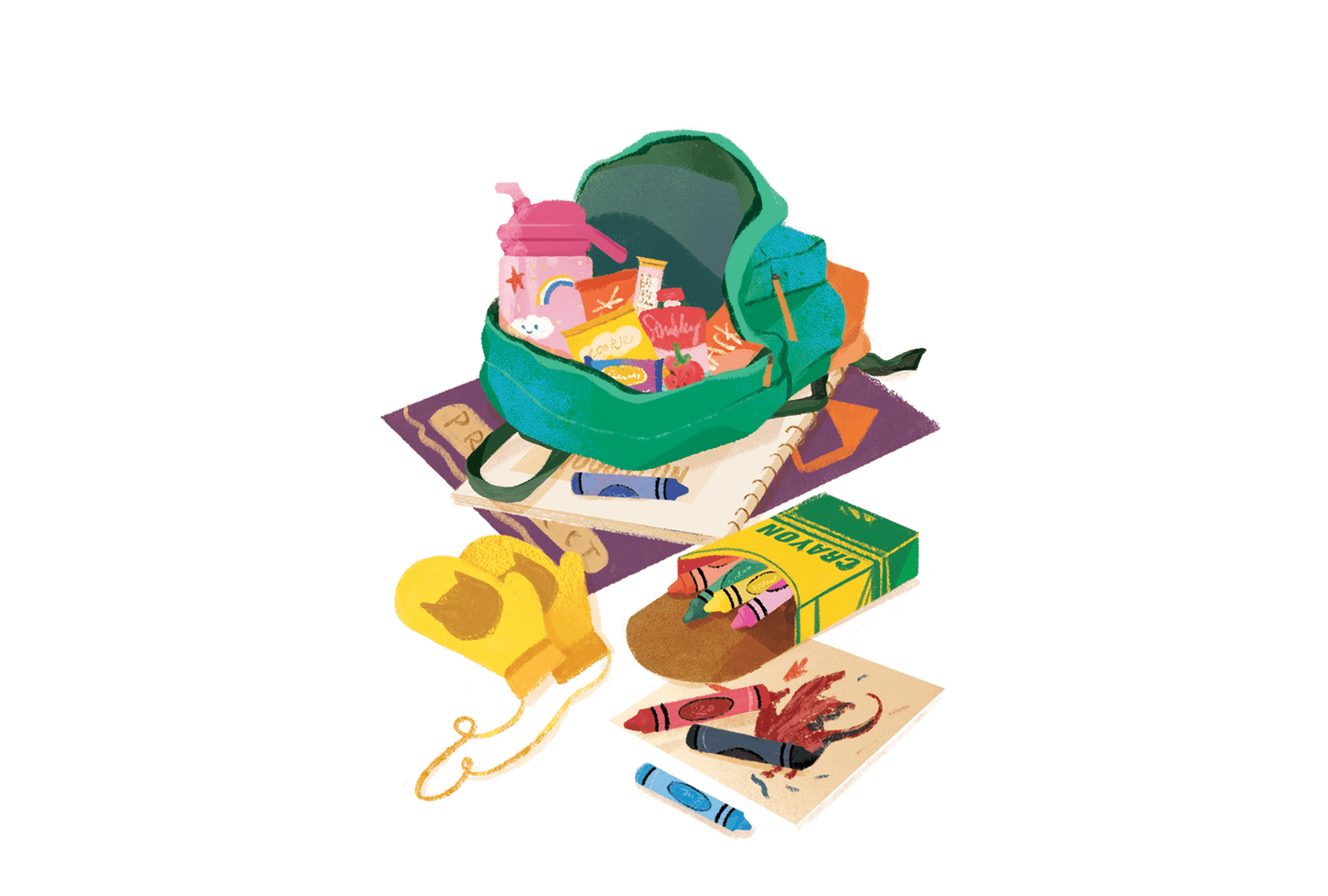 Illustration of crayons and mittens spilling out a child's backpack