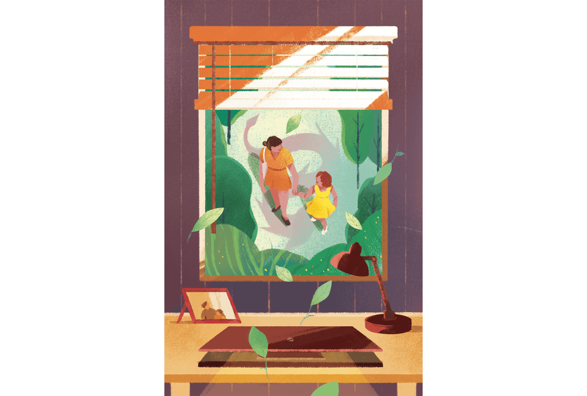 Illustration of a mother and child walking among the trees outside an office window