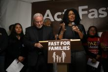 Jim Wallis and Lisa Sharon Harper speaking at the press conference. Photo: Brandon Hook/Sojourners