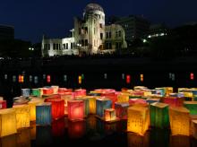 Paper lanterns float on the Motoyasu River in front of the Hiroshima Peace Memorial. Buddhika Weerasinghe/Getty Images Buddhika Weerasinghe/Getty Images