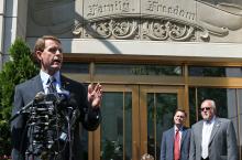 Perkins speaks to reporters outside FRC's headquarters in Washington, D.C. Perkins speaks to reporters outside FRC's headquarters in Washington, D.C.