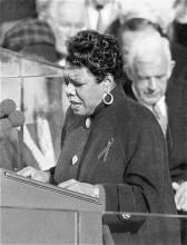 Angelou reciting her poem, "On the Pulse of Morning", at President Bill Clinton's inauguration, January 1993. Public Domain.