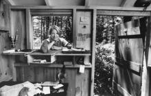 Author Annie Dillard, standing in her writing shed, 1987. By Getty Images. 