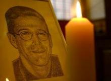 Illustration of Daniel Pearl at a London memorial service. Via Getty Images. Illustration of Daniel Pearl at a London memorial service. Via Getty Images.